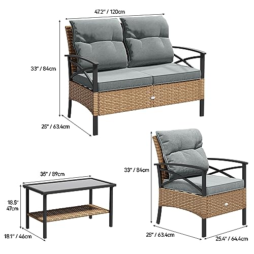 YITAHOME 4-Piece Patio Furniture Wicker Outdoor Bistro Set, All-Weather Rattan Conversation Loveseat Chairs for Backyard, Balcony and Deck with Soft Cushions and Metal Table (Light Brown+Gray) YITAHOME