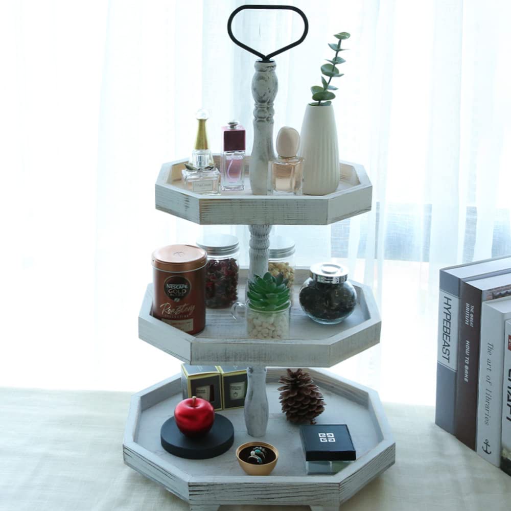 3 Tiered Serving Tray Wooden Farmhouse Decorative Tray, 3 Tier Tray for The Coffee Table, Kitchen Rustic Dinning Tiered Tray, Home Decor Tray, Three Tier Tray Cupcake Stand Display Tray MRPAPA