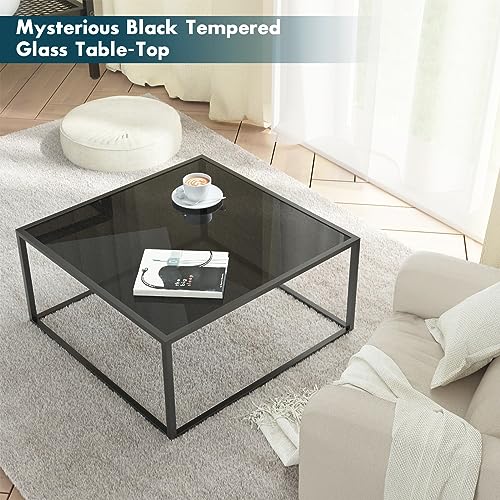 SAYGOER Black Glass Coffee Table Small Modern Coffee Tables 26.7in Square Tempered Glass-Top Accent Center Table for Living Room Home Office with Black Metal Frame Easy Assembly SAYGOER