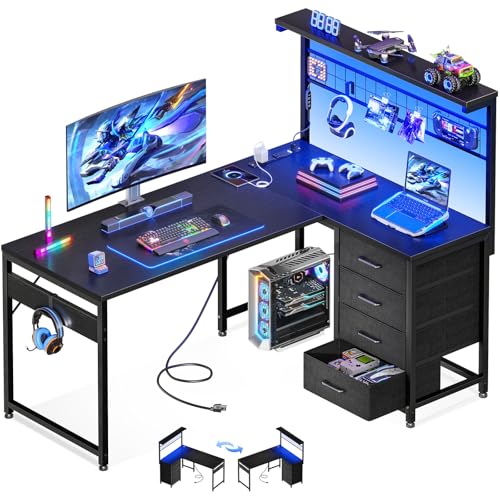 MOTPK 43” L Shaped Gaming Desk for Small Rooms, Compact Corner Computer Table with Shelf & Hutch, 4 Drawers, Reversible Study Desk with LED Light, Power Outlets & USB Ports, Home Office Table, Black MOTPK