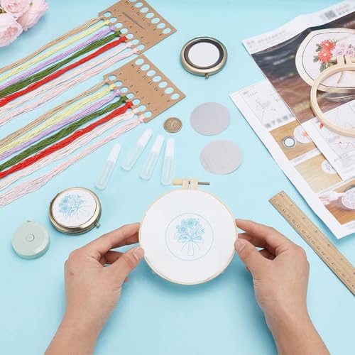 WEBEEDY Embroidery Starter Kit DIY Bouquet Mirror Embroidery for Beignners, Cross Stitch Makeup Mirror Kit with Stamped Flower Pattern for Women Birthday Bridesmaid Party Sewing Stitchwork Gift