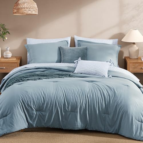 Monbix Full Size Comforter Set - 7 Pieces Dusty Blue Prewashed Bed in a Bag Full Bedding Sets with Comforters, All Seasons Ultra Soft Comforter Bed Set with Sheets,Pillowcases & Shams Monbix