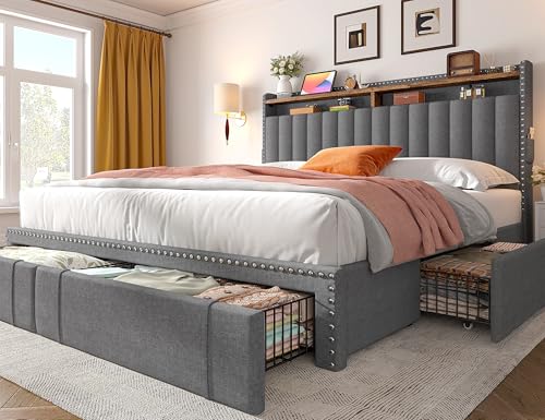 EnHomee King Size Bed Frame, Upholstered King Bed Frame with 4 Storage Drawers & 2-Tier Headboard Shelves, 1200LBS Heavy Duty, No Box Spring Needed, Easy Assembly, Grey EnHomee