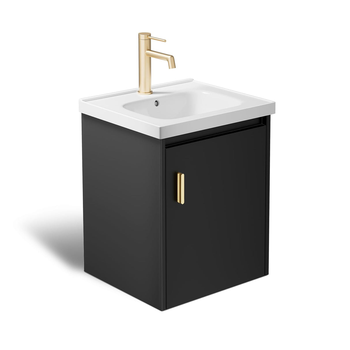 phiestina Pre-Assembled 16 Inch Black Floating Bathroom Vanity for Small Space, Wall-Mounted Small Cabinet with Single Hole Ceramic Sink,Soft-Close Door, No Faucet,BV04-16-PUREBLACK phiestina