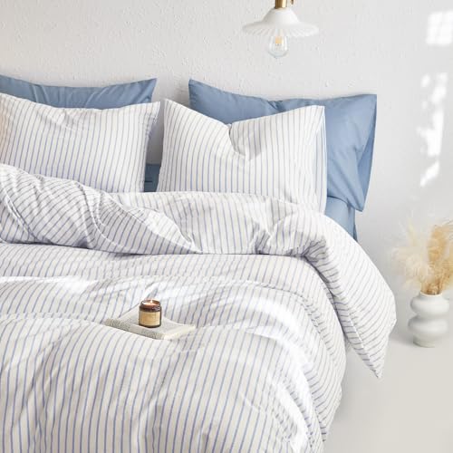 Wake In Cloud - Striped Cotton Duvet Cover Set, Ticking Stripe Vertical Pinstripe Farmhouse, 100% Washed Cotton Textured Percale Bedding Set, 3 Pieces, Blue White, Full Size Wake In Cloud