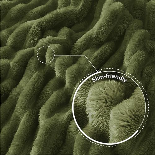 Exclusivo Mezcla Twin Size Flannel Fleece Blanket, Super Soft Striped Jacquard Bed Blanket, Lightweight Fuzzy Cozy for All Seasons, 60x80 Inches, Olive Green Exclusivo Mezcla