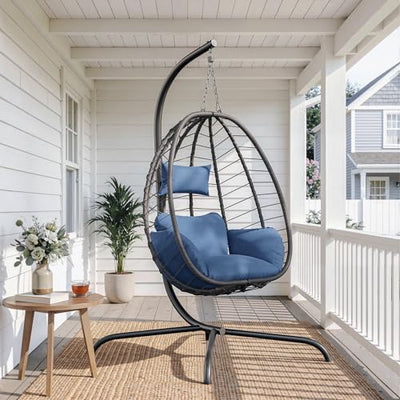 ALAULM Foldable Egg Chair with Stand, 485LBS Capacity Wicker Rattan Hammock Swing Chair for Outdoor & Indoor, Patio Hanging Chair with Strong Frame & UV Resistant Cushion for Balcony, Bedroom, Blue