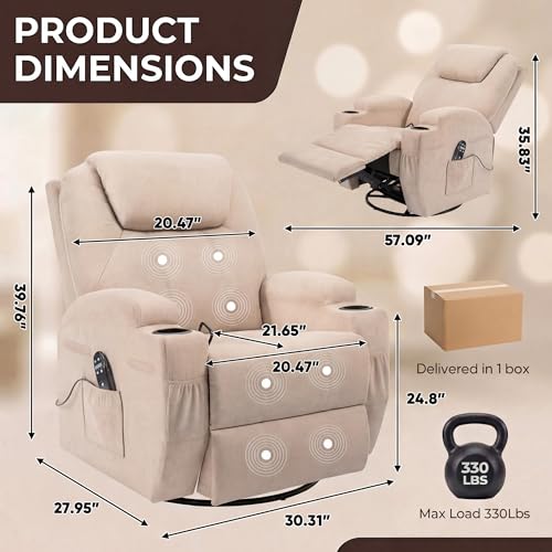 JUMMICO Small Swivel Rocker Recliner, 360 Rocking Chair Recliner with Massage, Upholstered Fabric Rocker Recliner with Cup Holder for Living Room, Bedroom, Nursery (Beige)