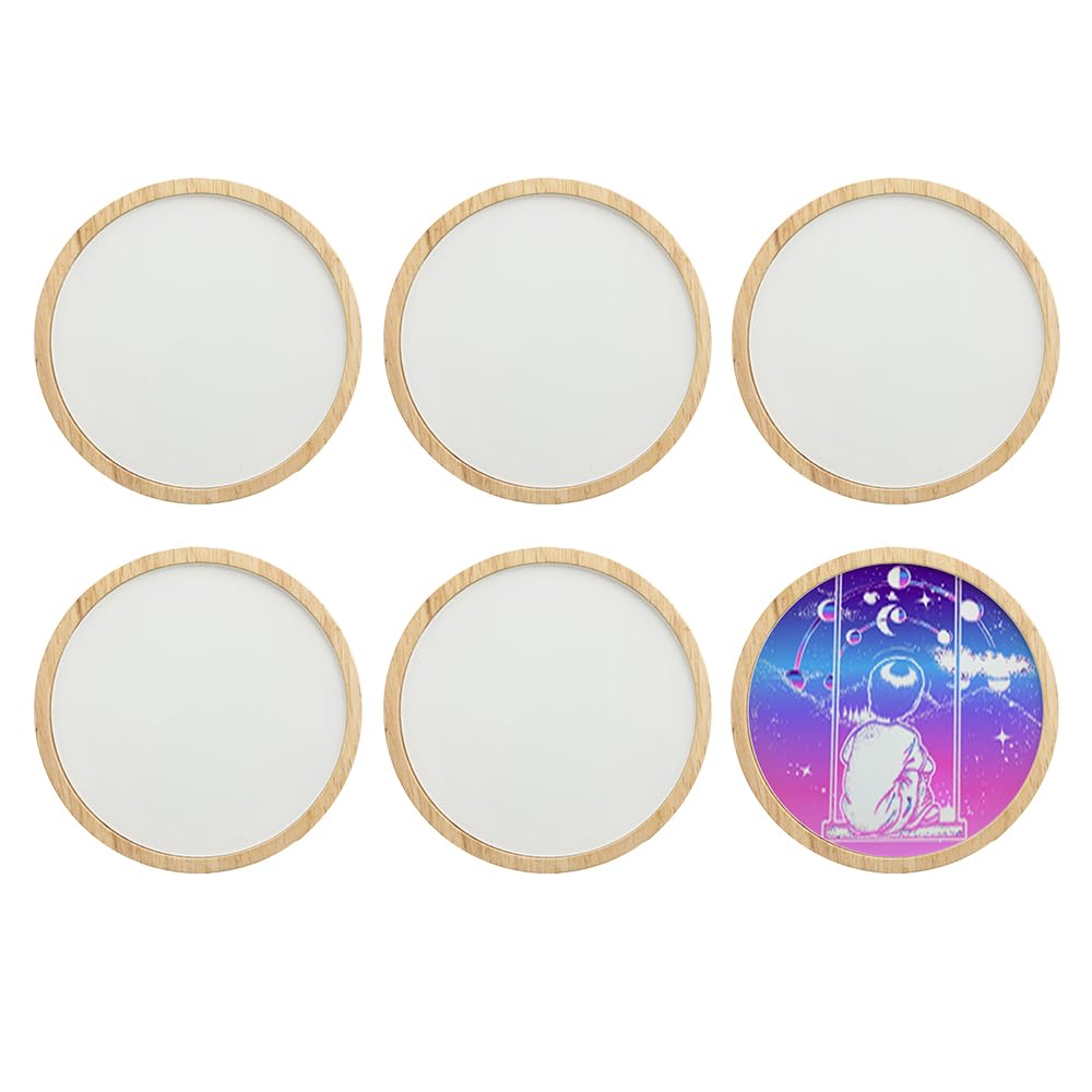 PYD Life 6 Pack Sublimation Night Lights Blanks LED Glass Photo Frames Panels White 3.5" Round with Warm Light,with 3.9" Round Wooden Display Base for Heat Press Machine Printing PYD Life