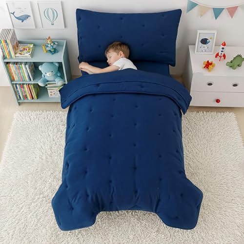 DreLunis 4-Piece Toddler Bedding Set for Boys Navy Blue Embroidery Kids Comforter Sets Soft Breathable Toddler Bed-in-a-Bag Includes Comforter, Flat Sheet, Fitted Sheet, Pillowcase DreLunis