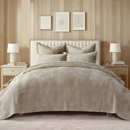 EVERGRACE Velvet Quilt Set Queen Size, Luxurious Soft Quilted Bedding Sets, Lightweight Velvet Comforter for All Season, Striped Channel Bedspread Coverlet with 2 Shams, Urban Taupe EVERGRACE