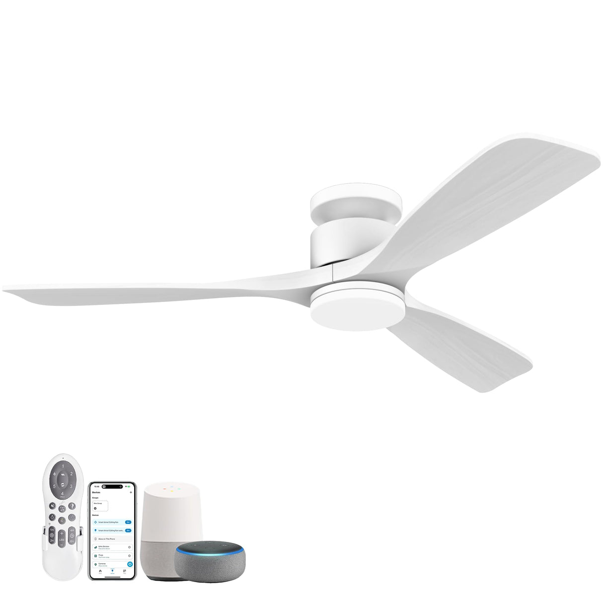 52 Inch Smart Low Profile Ceiling Fans,Solid Wood Outdoor Indoor Ceiling Fan with Lights Remote,WIFI Alexa App Control,Quiet DC Motor,Dimmable LED,Modern Flush Mount Fan for Bedroom Patio,White Lorpies