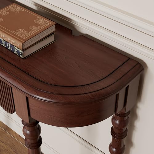 Etelifrank Solid Wood Console Table with Drawer – Dark Walnut Entryway Table with Scalloped Edge and Straight Legs, Narrow Accent Sofa Table for Living Room or Hallway(Dark Walnut) Etelifrank
