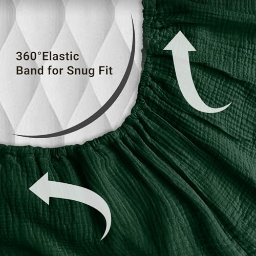 100% Muslin Cotton Emerald Green Fitted Sheet Twin Only with 16" Elastic Deep Pocket, 1 Pack Soft Breathable Absorbent Gauze Single Fitted Bottom Sheet, Minimalist Fluffy Wrinkle Mattress Protector YASMENG