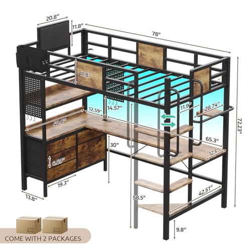 BYSAUD Loft Bed with Desk, Bunk Bed with Desk,Twin Loft Beds with L-Shaped Desk and Storage, loft Bed Twin Size with LED Lights & Charging Station, 5 Drawer&2 Pegboards, Safety Guard Ladder, Brown BYSAUD