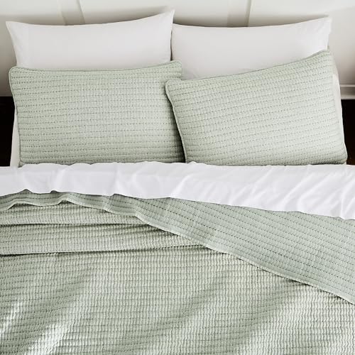 WDCOZY Sage Green Pick Stitch Twin Size Quilt Set, Striped Lightweight Soft Summer Spring Bedspread, Bamboo Linen Like Textured Coverlet, Chambray Farmhouse Country Rustic Thin Bedding Comforter WDCOZY