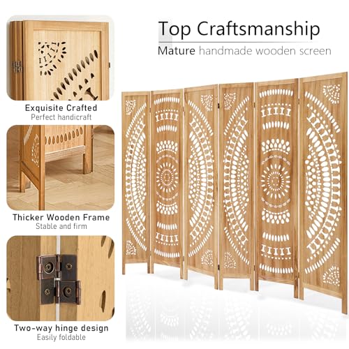 Asnefeli Wooden Room Divider Wall, 6 Panel Divider Screens, Folding Privacy Screen, 5.6 FT Wall Divider Room, Carved Room Divider Panel, Portable Wall Divider for Home Bedroom Office (Natural) Asnefeli