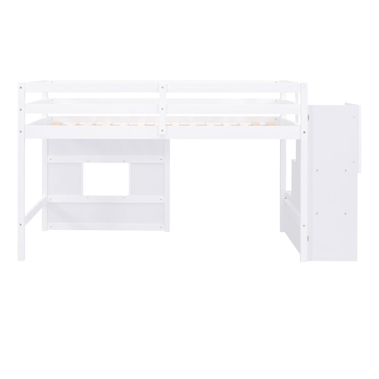 Twin Size Low Loft Bed with Stairs, Kids Loft Bed with Storage,Solid Wood Twin Loft Bed Frame for Kids, Space Saving Low Loft Bed for Boys, Girls, White Bellemave