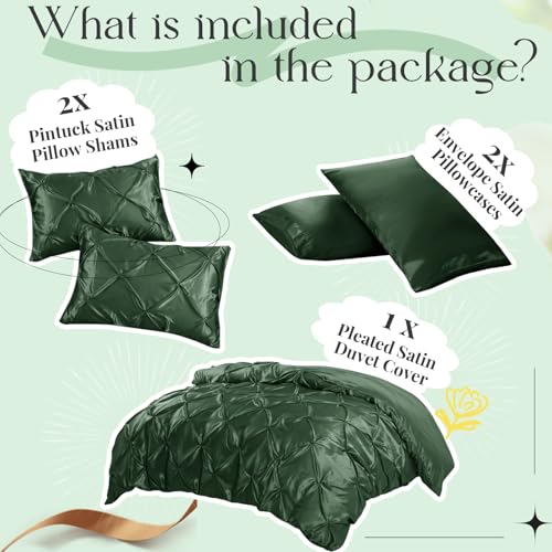 P Pothuiny 5 Pieces Satin Pintuck Duvet Cover Set, Silky Like Olive Green Pinch Pleat Duvet Cover Full/Queen Size Luxury Bedding Set with Corner Ties, 2 Pillow Shams + 2 Pillowcases (No Comforter) P Pothuiny