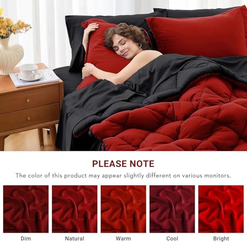 MUXHOMO 7 Pieces Full Comforter Set, Reversible Bed in a Bag Full Size, All Season Bedding Set with Comforter, Flat Sheet, Fitted Sheet, Pillowcases & Shams, Red & Black MUXHOMO