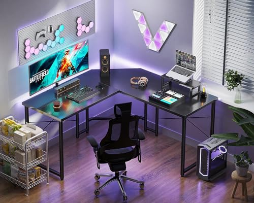 Casaottima L Shaped Gaming Desk with Monitor Stand, Corner Desk Gaming Table for Home Office, Computer Desk Sturdy Writing Workstation for Small Space, 51 inch, Carbon Fiber Surface, Black Casaottima