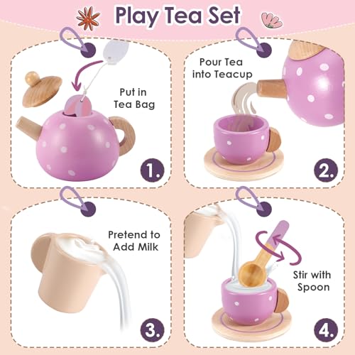 BUYGER Wooden Tea Party Set for Toddler Little Girls 3-5 with Teapot Tea Cup Set Wooden Play Food Toy Kitchen Accessories for Kids Girls Children Boys Toddler… Buyger