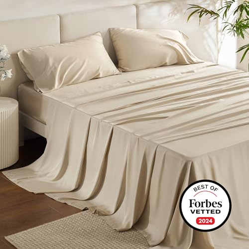 Bedsure King Size Sheet Set, Cooling Sheets King, Rayon Derived from Bamboo, Deep Pocket Up to 16", Breathable & Soft Bed Sheets, Hotel Luxury Silky Bedding Sheets & Pillowcases, Beige Bedsure