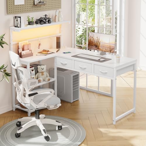 Grandder 50 Inch L Shaped Gaming Desk with 3 Drawers & Storage Shelves & Hutch, Computer Desk with USB Ports, Study Writing Table for Bedroom, Simple Modern Laptop Desk for Home Office, White Grandder