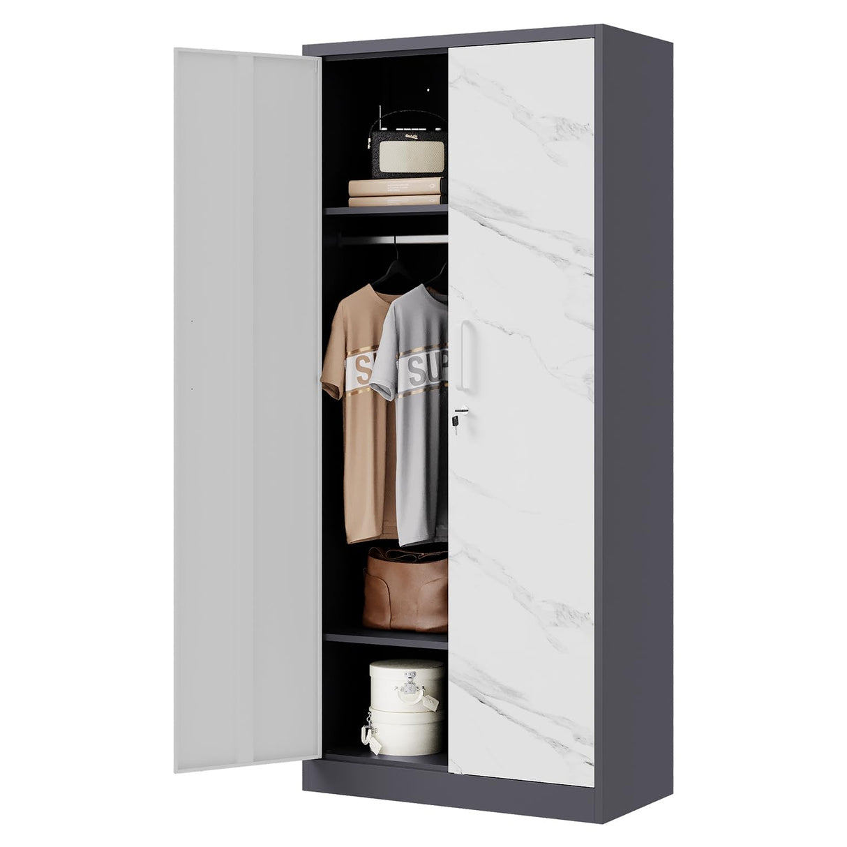 Letaya Wardrobe Closet, 72" H Clothing Storage Cabinet with Adjustable Shelves and Hanging Rod, Bedroom Armoire Clothes Organizer (White Gray) Letaya
