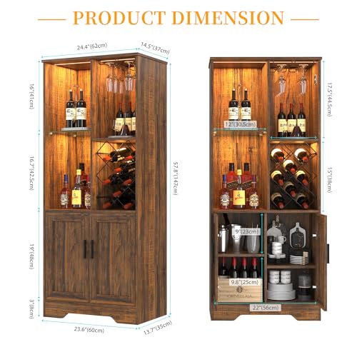 Kasibie Wine Cabinet, Wine Bar Cabinet with LED Lights, Liquor Cabinet with Glass Holder Wine Rack, Farmhouse Modern Liquor Cabinet with Storage for Home (Brown) Kasibie