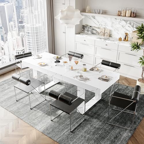 STHOUYN White Marble Extendable Dining Room Table for 8 10, 70.9" (86.6") x 31.5", Rectangle Dinner Table for 6-10, Modern Expandable Retractable Kitchen Table (White) STHOUYN