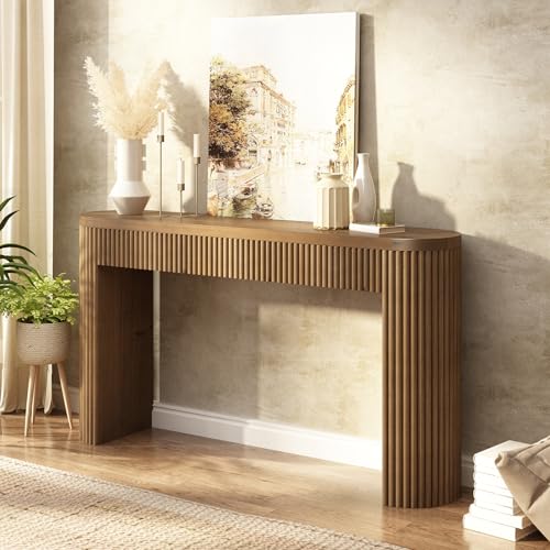 Solid Wood Console Table with Drawer - 55 Inches Mid Century Modern Fluted Foyer Table, Entryway Hallway Minimalist Sofa Table, Oval with Drawer HOKYHOKY