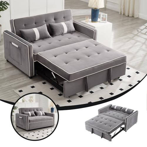 STBIGSLEP 3 in 1 Convertible Sleeper Sofa Bed, Small Couch for Living Room Bedroom with Pullout Bed Adjustable Backrest,Velvet,Loveseat Sofa Bed,Futon Couches (Grey) STBIGSLEP