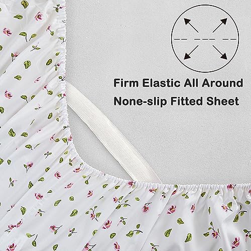 Mooreeke Full Sheets Set - 4 Pieces Soft Breathable Microfiber Bed Sheet Set - Pink Flower Green Leaf Pattern Sheet Set - Deep Pocket Non-Slip Floral Printed Fitted Sheet Included for All Season Mooreeke