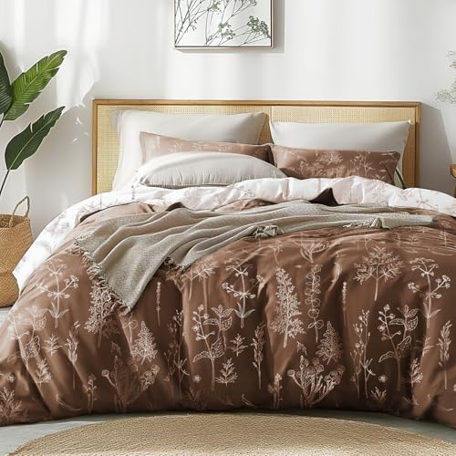 Love's cabin Chocolate Full Comforter Set - Full Size Comforter Set, 3 Pieces Cute Floral Bedding Sets for All Seasons,1 Soft Reversible Botanical Flowers Comforter and 2 Pillow Shams Love's cabin