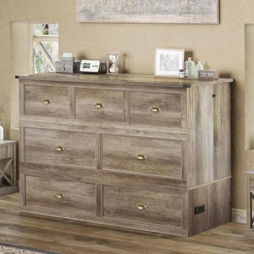 AMERLIFE Queen Size Murphy Bed, Farmhouse Wooden Cabinet with Charging Station and Storage Drawer for Bedroom/Office/Guest Room, Grey Oak AMERLIFE
