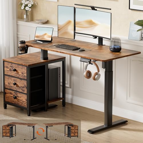 REAHOME Electric Standing Desk with Drawers, 47 x 24 Inches Height Adjustable Sit Stand Desk with Storage, 3 Memory Preset Home Office Computer Desk, Printer Cabinet, Cable Management, Rustic Brown REAHOME
