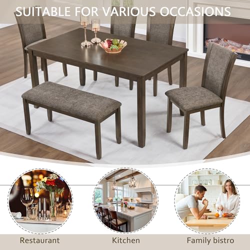 RuiSiSi 6-Piece Dining Table Set for 6, Farmhouse Wood Kitchen Table Set with Chairs and Bench, Rustic Dining Room Kitchen Table Set for 6 People, Dark Walnut RuiSiSi
