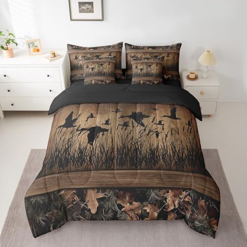Erosebridal 7 Piece Camo Mallard Duck Comforter Set with Sheets for Kids Boys Men Rustic Farmhouse Cabin Bed in A Bag Queen,Hunting Woodland Duck Bedding Set Country Wood Board Animal Bed Set Erosebridal