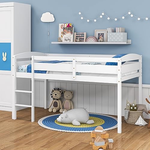 Giantex Twin Loft Bed with Ladder, Wood Low Profile Loft Bed with 30" Clearance & Safety Guard Rails, Space-Saving Loft Bed Frame for Kids Teens Junior, No Box Spring Needed, Kids Bed Frame, White Giantex
