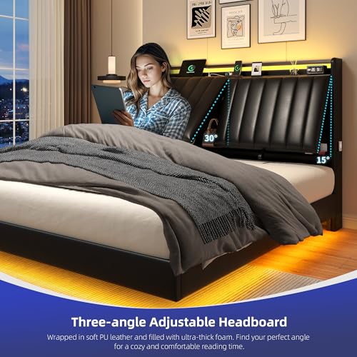 Jocoevol Queen Size Floating Bed Frame with Ergonomic Hidden Storage Headboard and LED Lights, Visual Floating LED Bed Frame with Charing Station, Leather Upholstered Platform Bed, Heavy Duty, Black Jocoevol