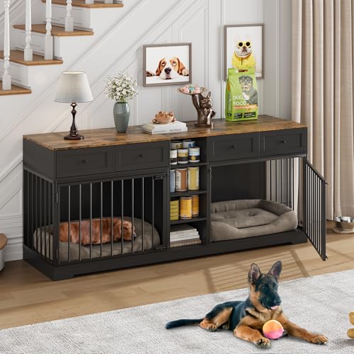 GAOMON Dog Crate Furniture for 2 Dogs, 82'' Large Dog Kennel Indoor with 4 Storage Drawers and 4 Shelves, Double Dog Crate TV Stand for Medium and Large Dogs, Black GAOMON