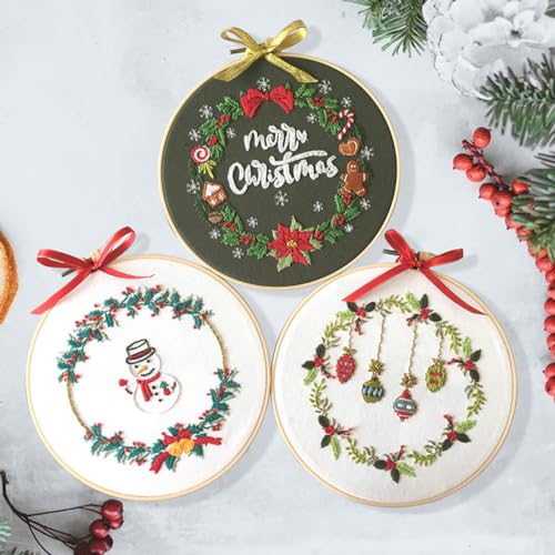 YEESAM ART Embroidery Kit with Christmas Gift Wreath Patterns, Full Set DIY Embroidery Cross Stitch Kits for Adults Beginners Needlework Sewing (Christmas A)