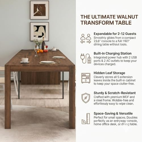 Transform Table Extendable Dining Room Table 23.62"-118.11" w/Charging Station, Folding Dining Table Hidden Storage, Space-Saving Console for Small Apartments, Seats 2-12 (Walnut, with Storage&Outlet) VENLUSUIR