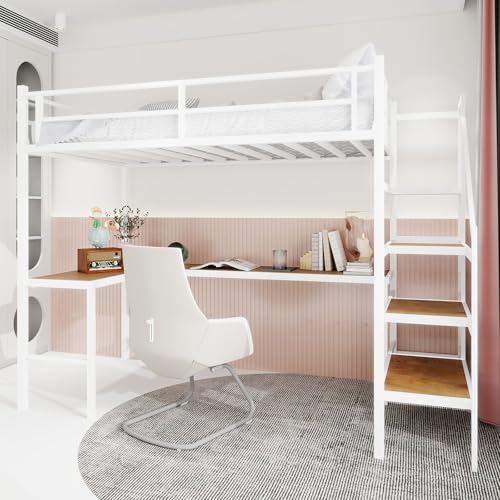 Bellemave Twin Size loft Bed with L Desk, Storage Stairs, Metal Twin Loft Bed Frame for Adults, Kids, Teens, White Bellemave