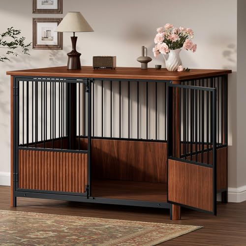 Zivanti 43'' XL Fluted Large Dog Crate Furniture with 3 Doors, Modern Indoor Decorative Dog Crate End Table, Wooden Dog Kennel Cage for Medium to Large Dogs, Walnut Zivanti