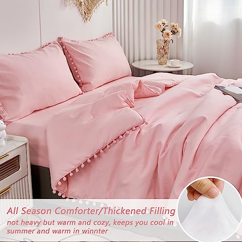 PERFEMET 5 Pcs Pink Pom Pom Comforter Twin Size Aesthetic Boho Pom Fringe Bedding Set with Sheet Ultra Soft Lightweight Farmhouse Bedding Quilt Set for Girls Kids(Pink, Twin) PERFEMET