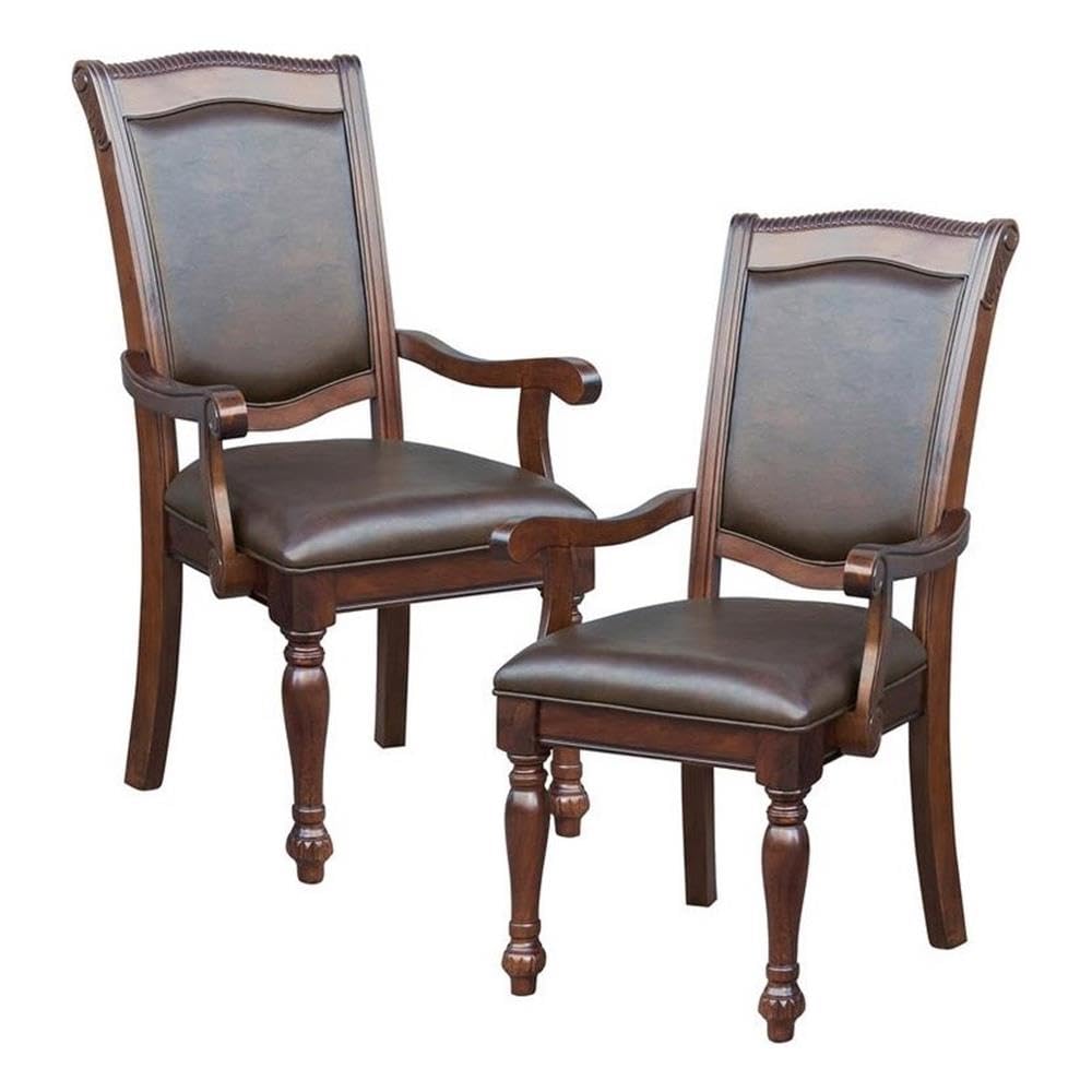 Pemberly Row Wood Dining Room Arm Chairs, Upholstered Faux Leather Seat and Back, Brown Cherry, Set of 2 Pemberly Row