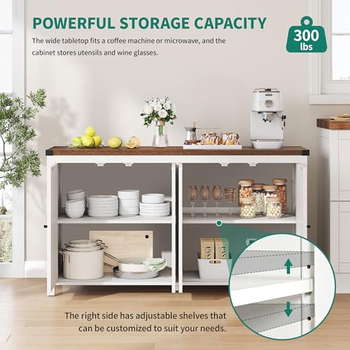 YITAHOME Farmhouse Sideboard Buffet Cabinet with Storage with 4 Doors, 55'' Large Kitchen Storage Cabinet, Wood Coffee Bar Cabinet with Adjustable Shelf for Kitchen, Living Room, White YITAHOME