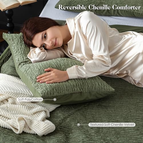 COTTEBED Reversible Chenille Cotton Queen Size Comforter Set, Luxury Textured Stripe Soft Modern Bedding 3 Piece Down Comforter and Sham Set, Lightweight All Season(Dark Olive Green,Full/Queen) COTTEBED
